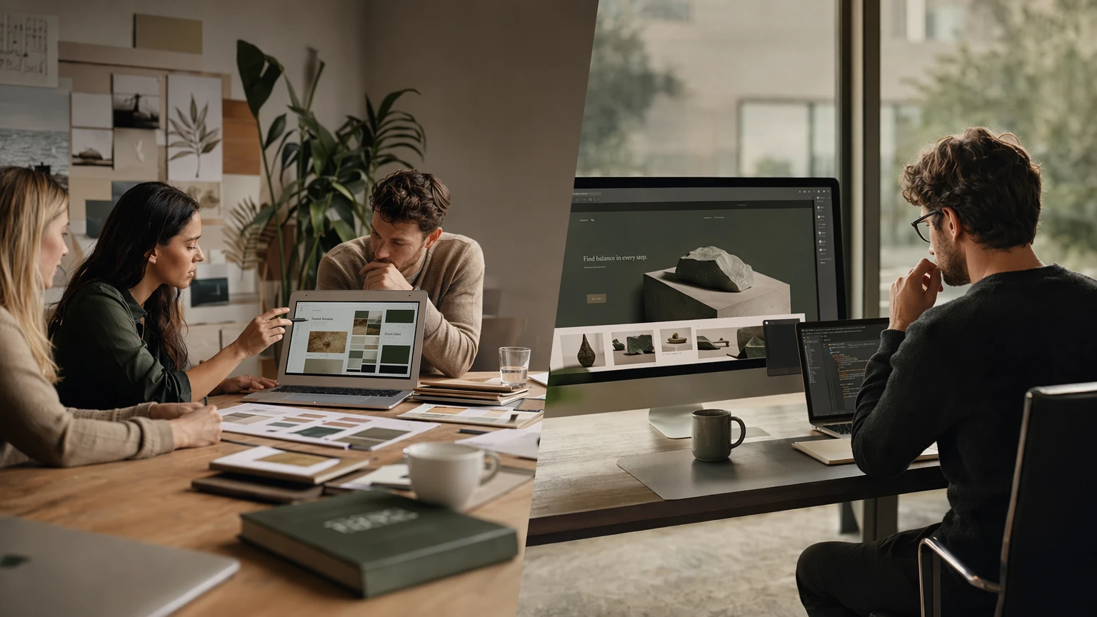 Folkos vs Lovable: a design-led marketing workflow on one side, a developer coding a web app on the other